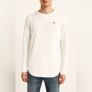 Hollister White Waffle Knit Long Sleeve Shirt XL Casual Thermal Crewneck Minimal